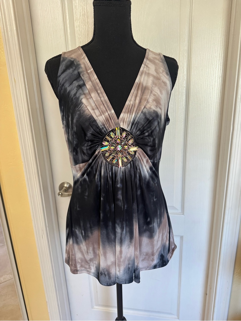 VENUS Black & Taupe Tie-Dye V-Neck Tank with Jeweled Medallion